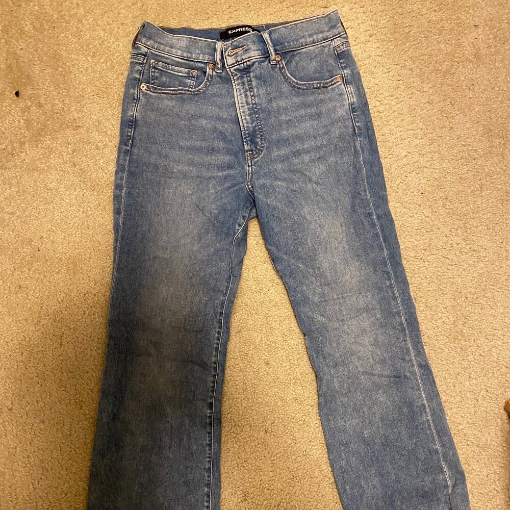Express High Waisted Light Wash Raw Hem Cropped Flare Jeans